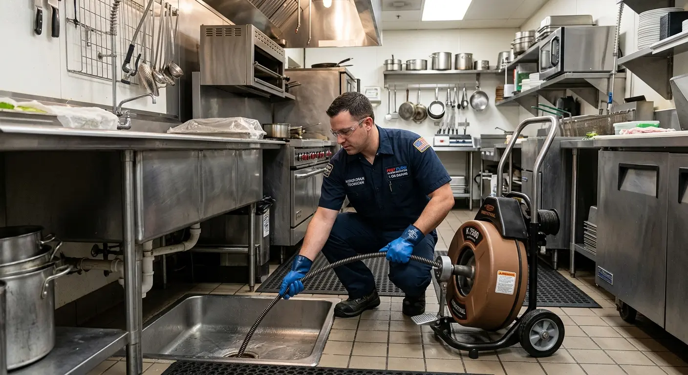 Commercial drain cleaning service in a restaurant kitchen in Mendon