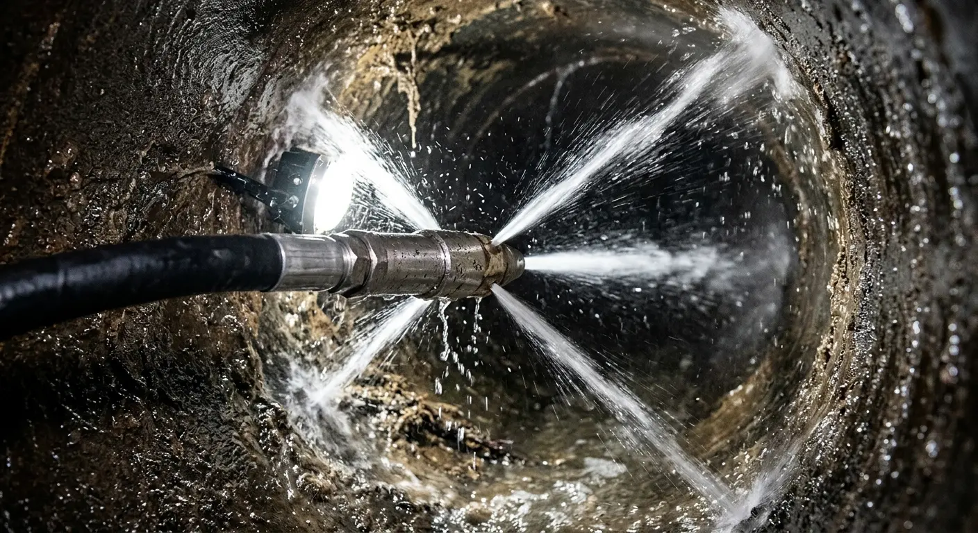 High-pressure hydro jetting nozzle cleaning sewer pipe for Emergency Drain Service in Mendon