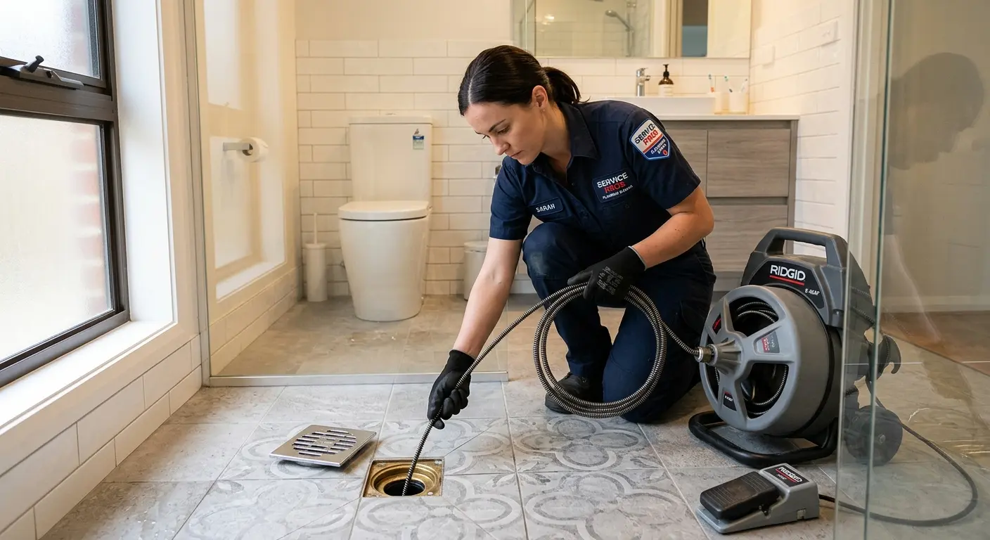 Technician clearing a bathroom floor drain for Drain Cleaning in Mendon